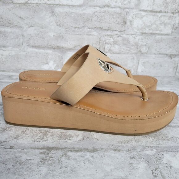 Aldo Women's Brown Leather Thong Wedge Flip Flop Sandals SZ 9 - Picture 3 of 11